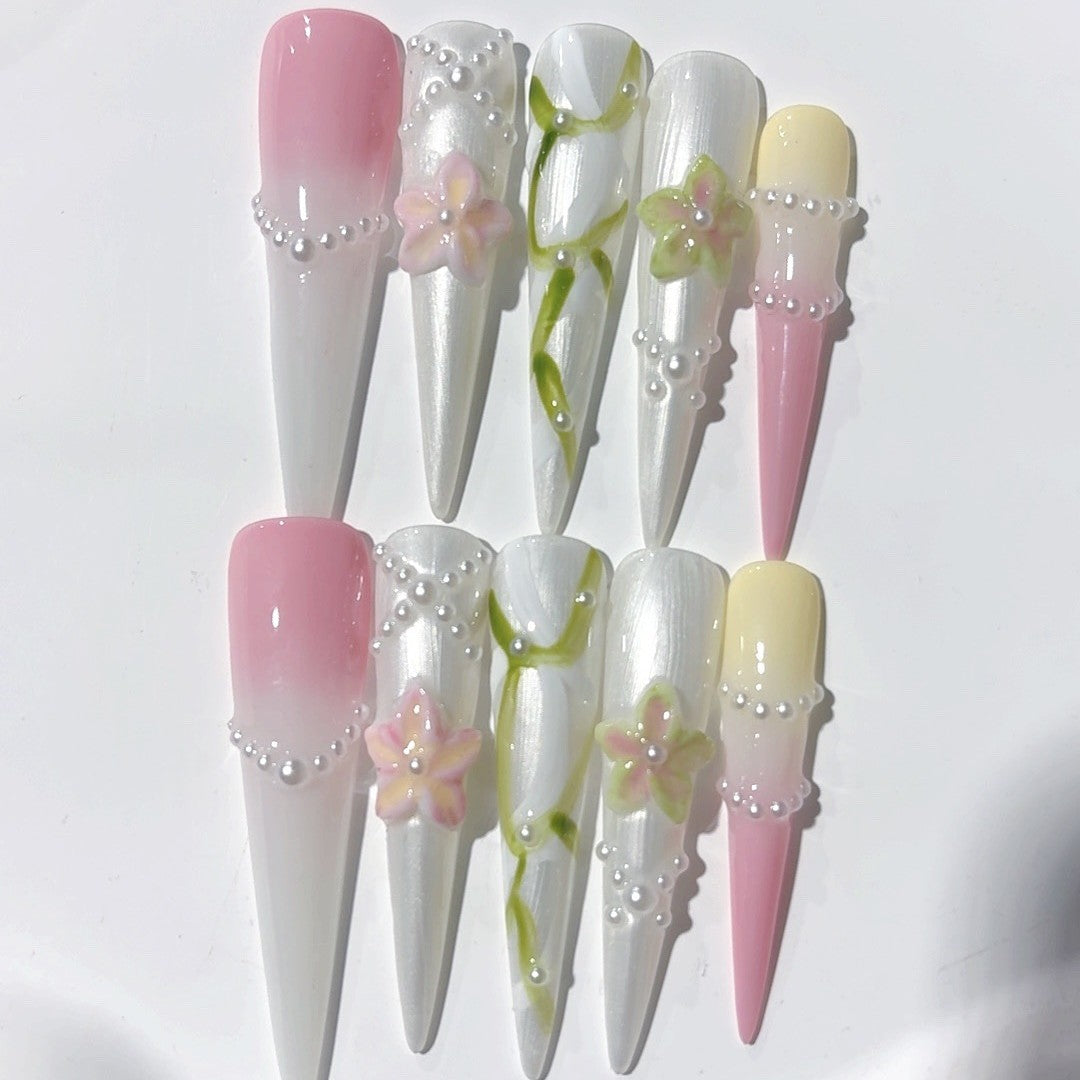 Soft Pearl Floral Extra Long Press On Nails