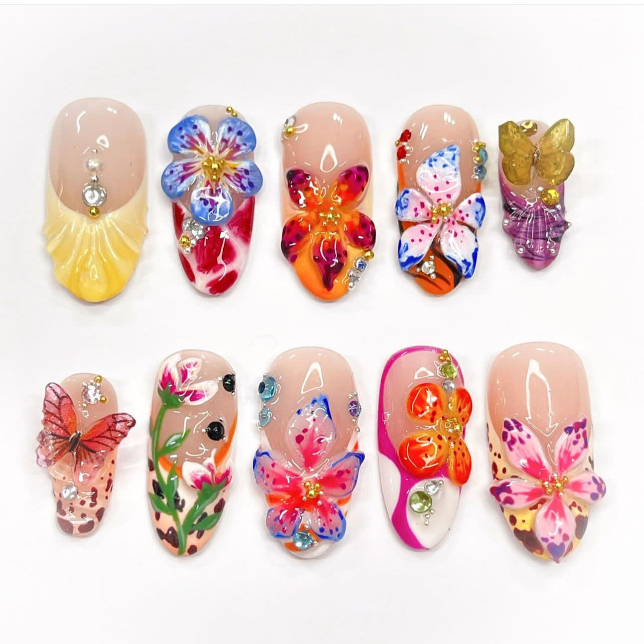 Tropical flower 3D  three-dimensional point drill butterfly French nail piece  hot-selling color fake nail manicure｜365nails