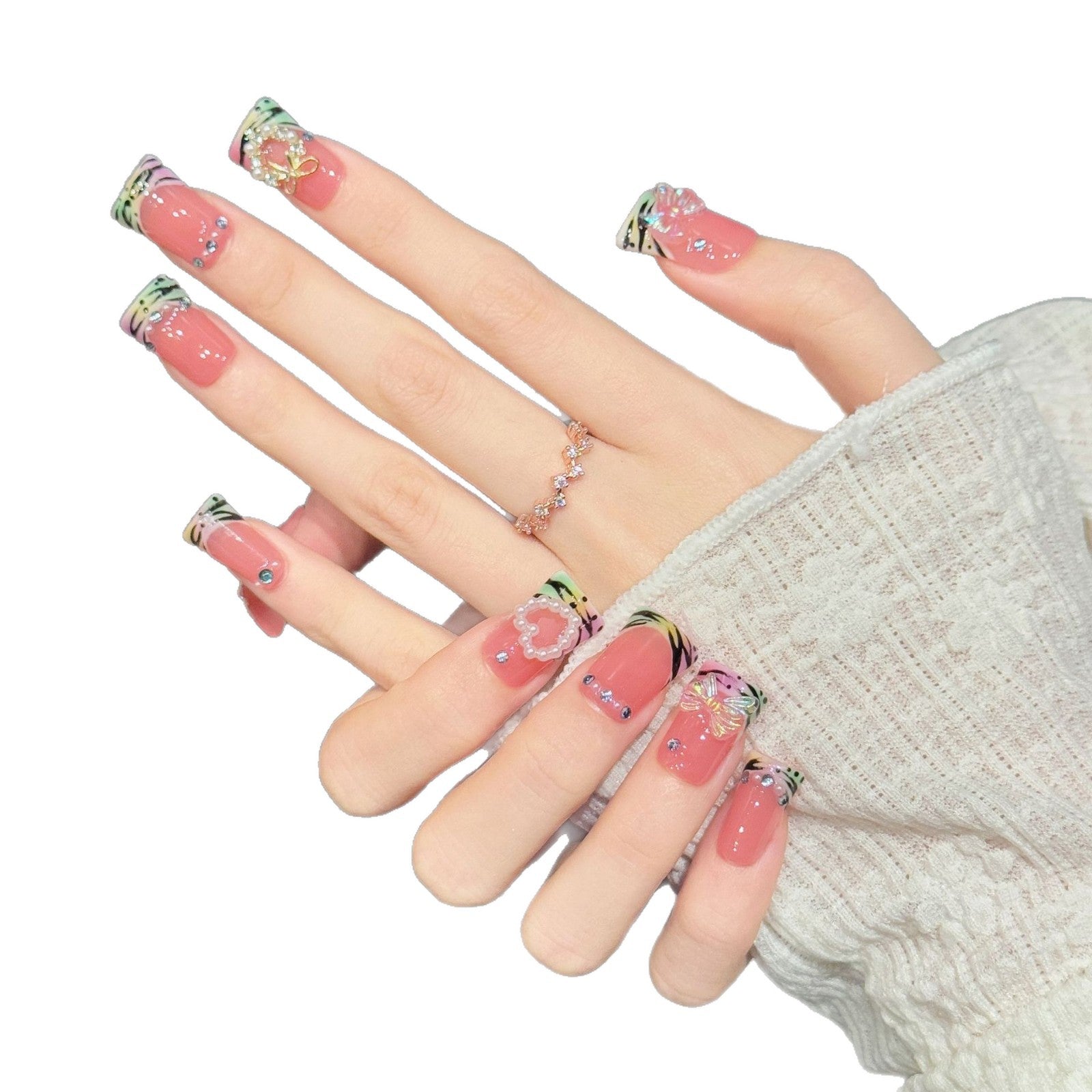 365nails: "Iridescent Reverie" – 3D Butterfly & Pearl Handmade Press on Nails Short Square Nails
