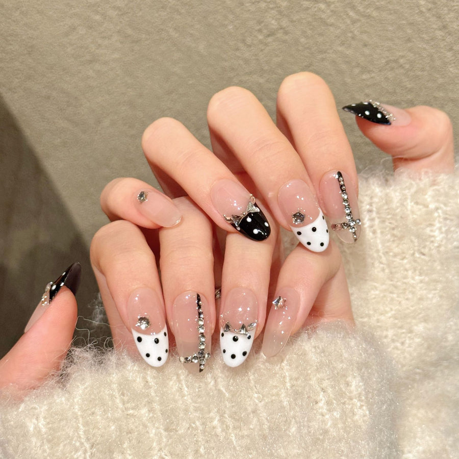 Nude Black White Polka Dot Rhinestone Chic Press On Nails