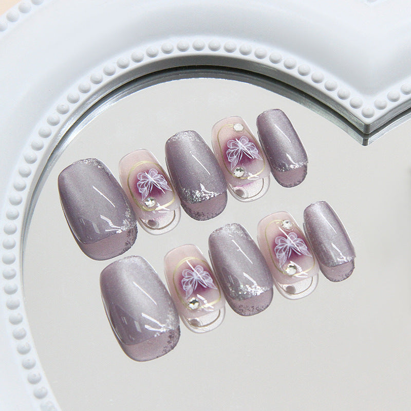 Pontas de unha pré-fabricadas, linhas de blush roxo, flash fino de borboleta, olho de gato, peças de arte de unha de diamante pneumático ｜ 365nails