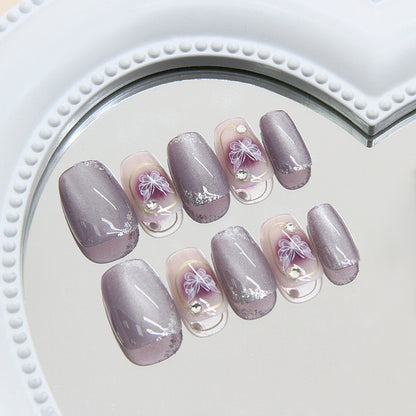 Pontas de unha pré-fabricadas, linhas de blush roxo, flash fino de borboleta, olho de gato, peças de arte de unha de diamante pneumático ｜ 365nails