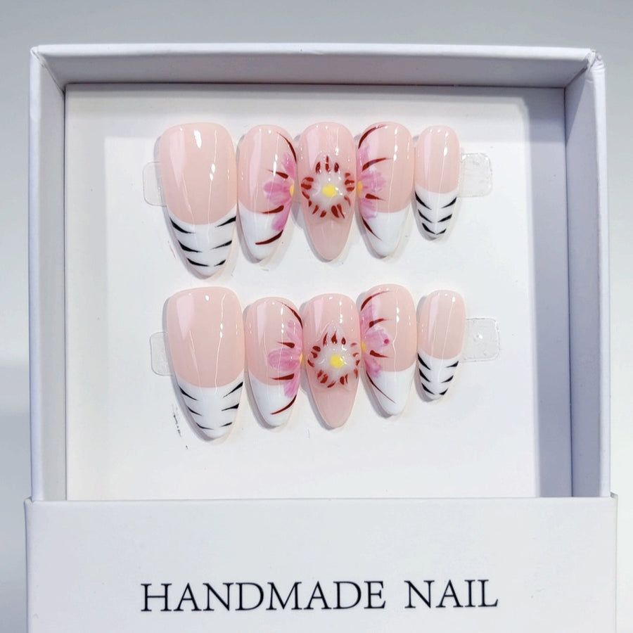 Wild Blossom: "Zebra Sakura" – Short Almond Press-On Nails