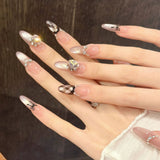 Pink Plaid Ribbon Crystal Princess Nails