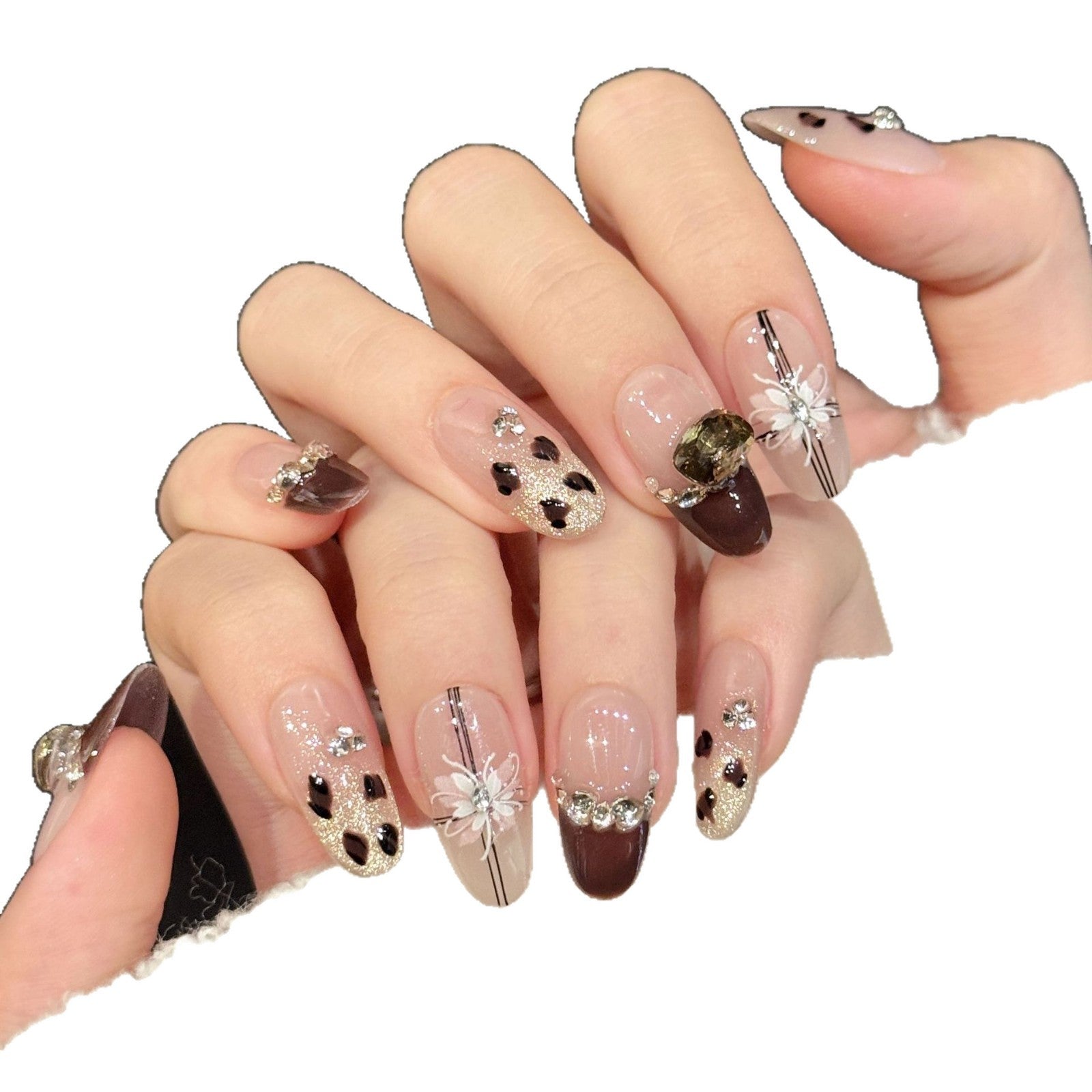 365nails: "Caramel Cocoa" – 3D Crystal & Polka Dot Handmade Oval Nails