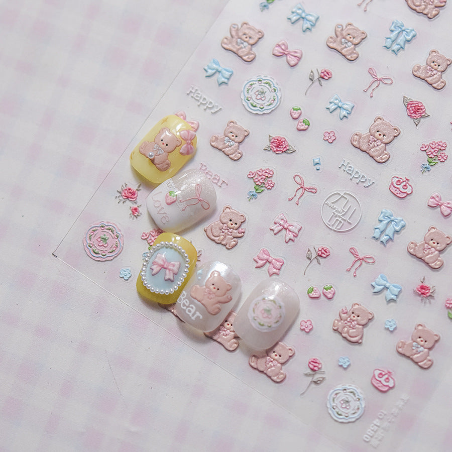 Fluffy Plush: "Teddy & Bunny" – 3D Embossed Nail Sticker
