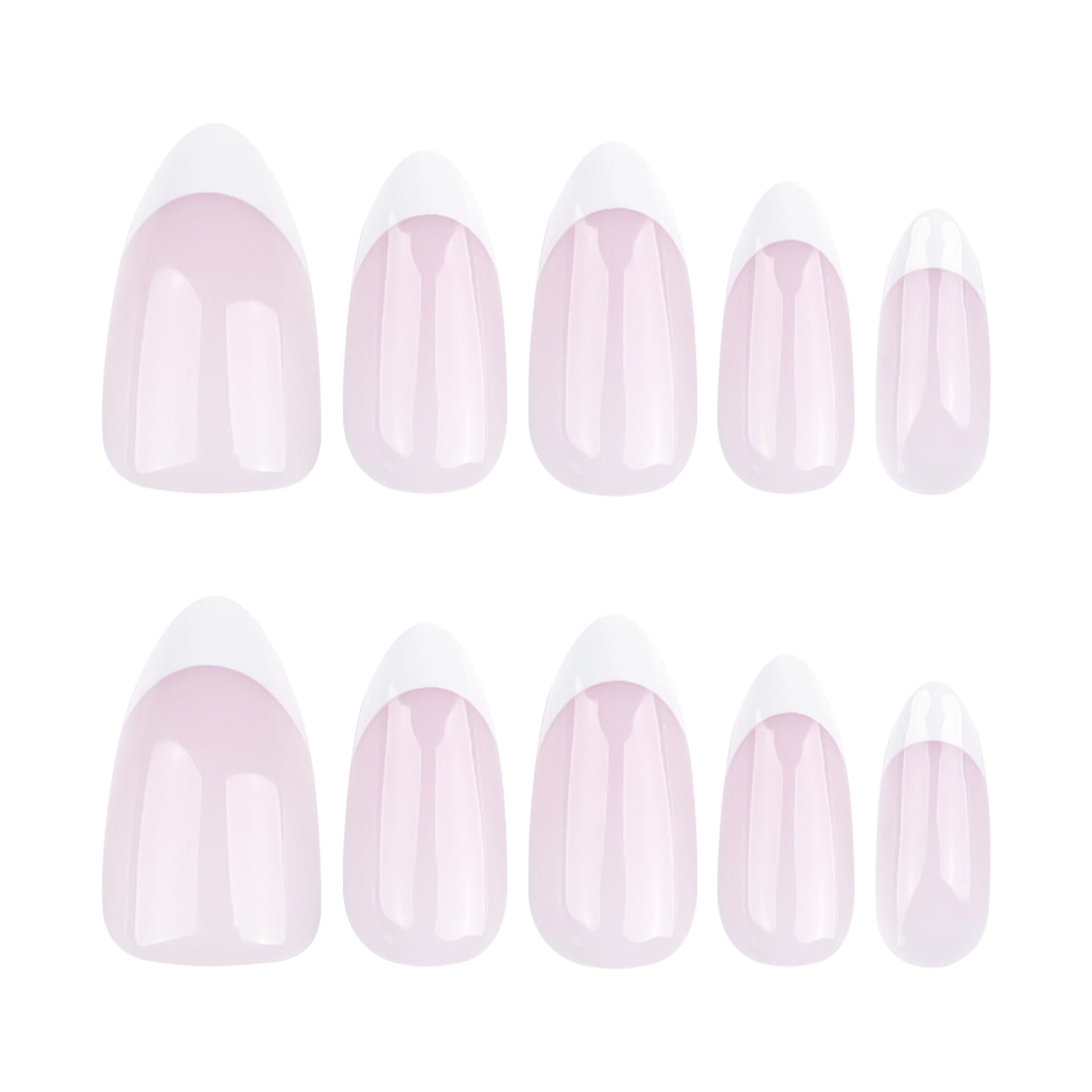 Unhas postiças clássicas rosa nude francesas brancas, unhas postiças curtas amêndoa finalizadas｜365nails