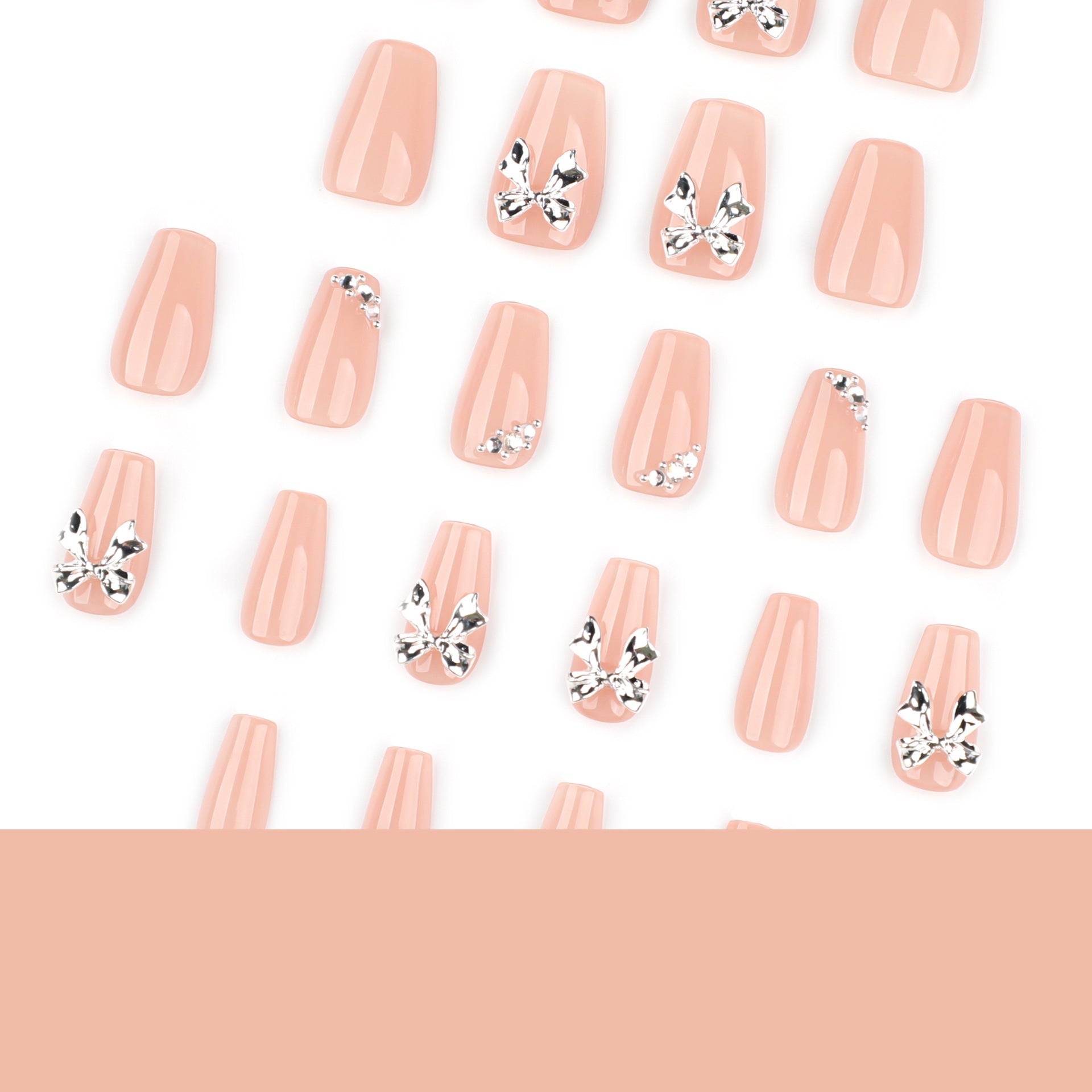 Nude Bow Accent Nails with Silver Crystal Details