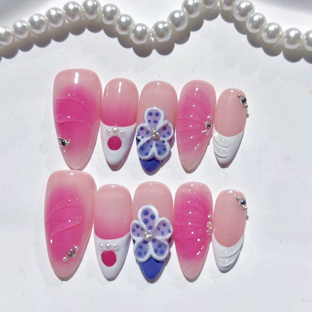 365nails: "Laço Floral Corado" – Unhas Postiças Artesanais Rosas-Arroxeada Românticas Médias Amendoadas