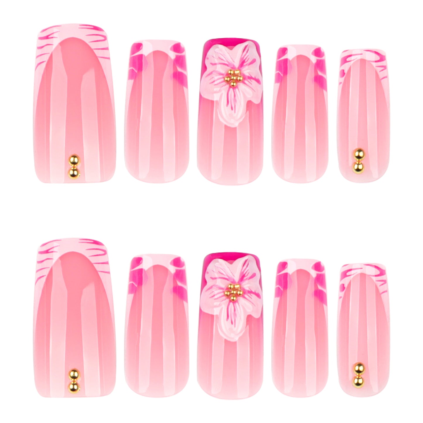 Unhas postiças com estampa de zebra rosa francesa, médias e longas, quadradas, manicure com flor 3D e unhas postiças ｜365nails