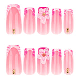 Uñas postizas con estampado de cebra rosa francesa, manicura cuadrada mediana y larga, con flores 3D y uñas postizas | 365nails