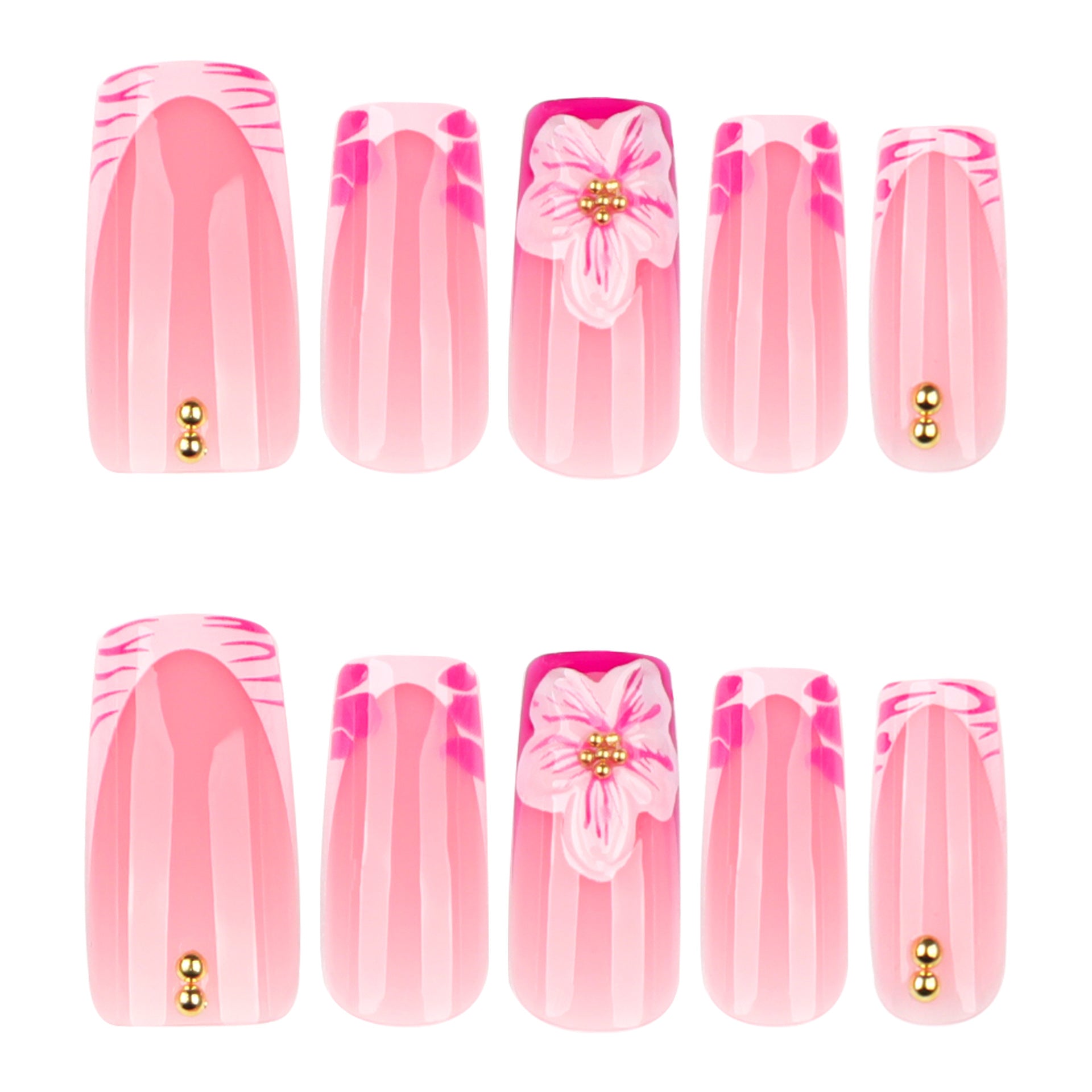 法式粉色斑馬紋穿戴甲 中長款 方形 3D花朵 假甲｜365nails