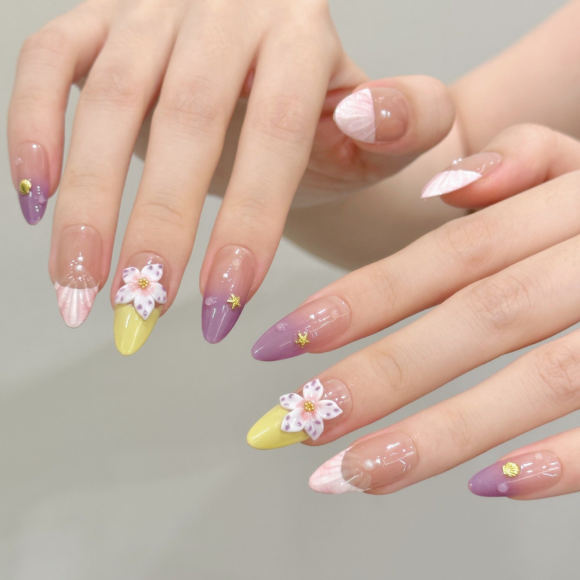 Pastel Gradient Floral Nails with Delicate 3D Accents