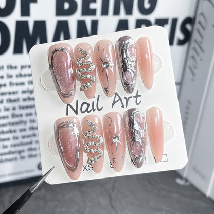 Handmade press on nails Sweet Cool Spice Girl Blush Nail Embossed cat eye Long ｜365nails