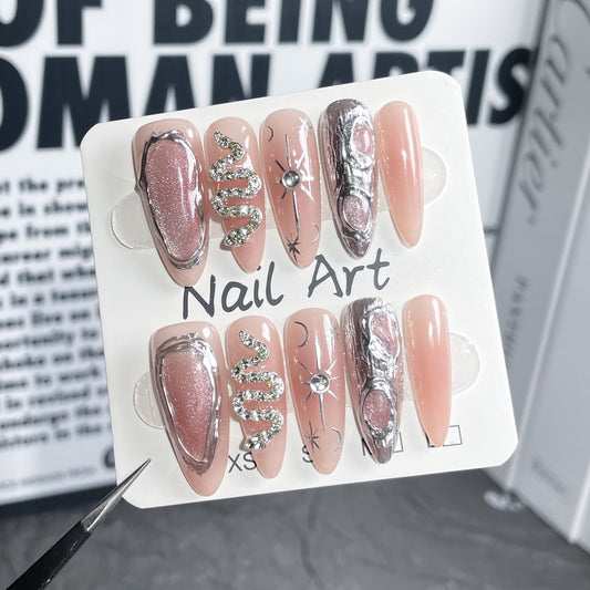 Handmade press on nails Sweet Cool Spice Girl Blush Nail Embossed cat eye Long ｜365nails