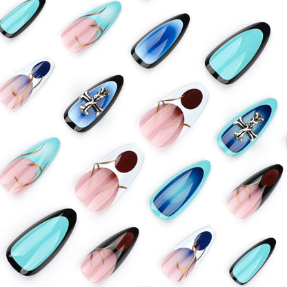 Millennium Style Nail Art French Almond Fake Nails  Cross Wearing Nail Short Removable Nail Piece｜365nails