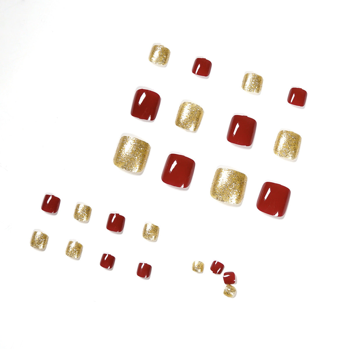 Uñas postizas con diseño de diamantes dorados y rojo intenso con encanto de verano, uñas postizas con acabado artístico, parches extraíbles para uñas | 365nails