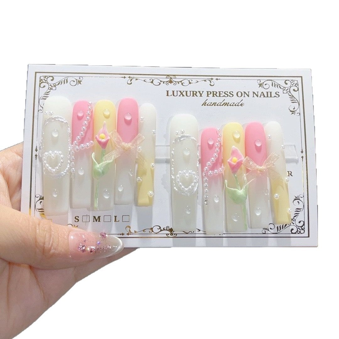 Pastel Pearl Bow Floral Press On Nail Set
