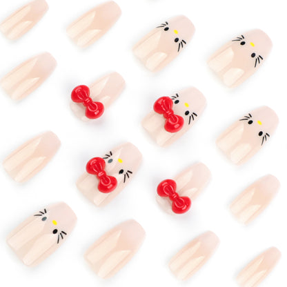 Naked white gradual change  short ballet manicure fake nail cute cat three-dimensional bow ｜365nails