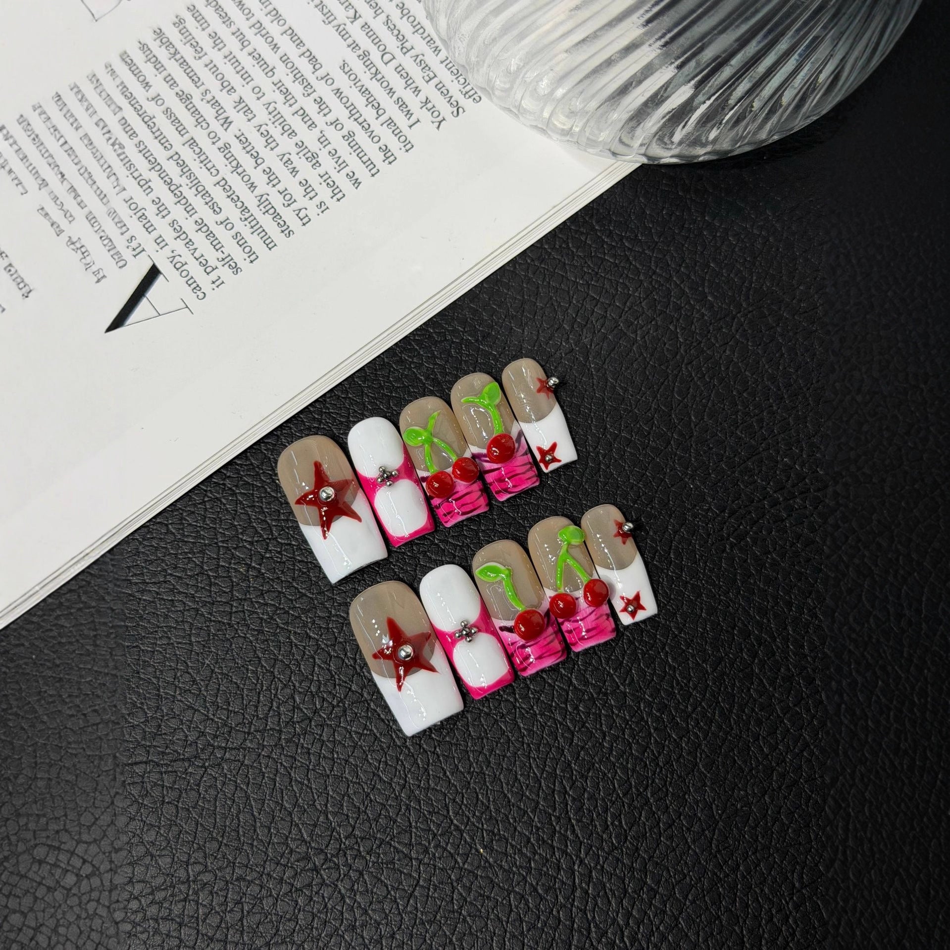 365nails: "Cherry Pop Star" – 3D Cherry & Star Handmade Square Nails