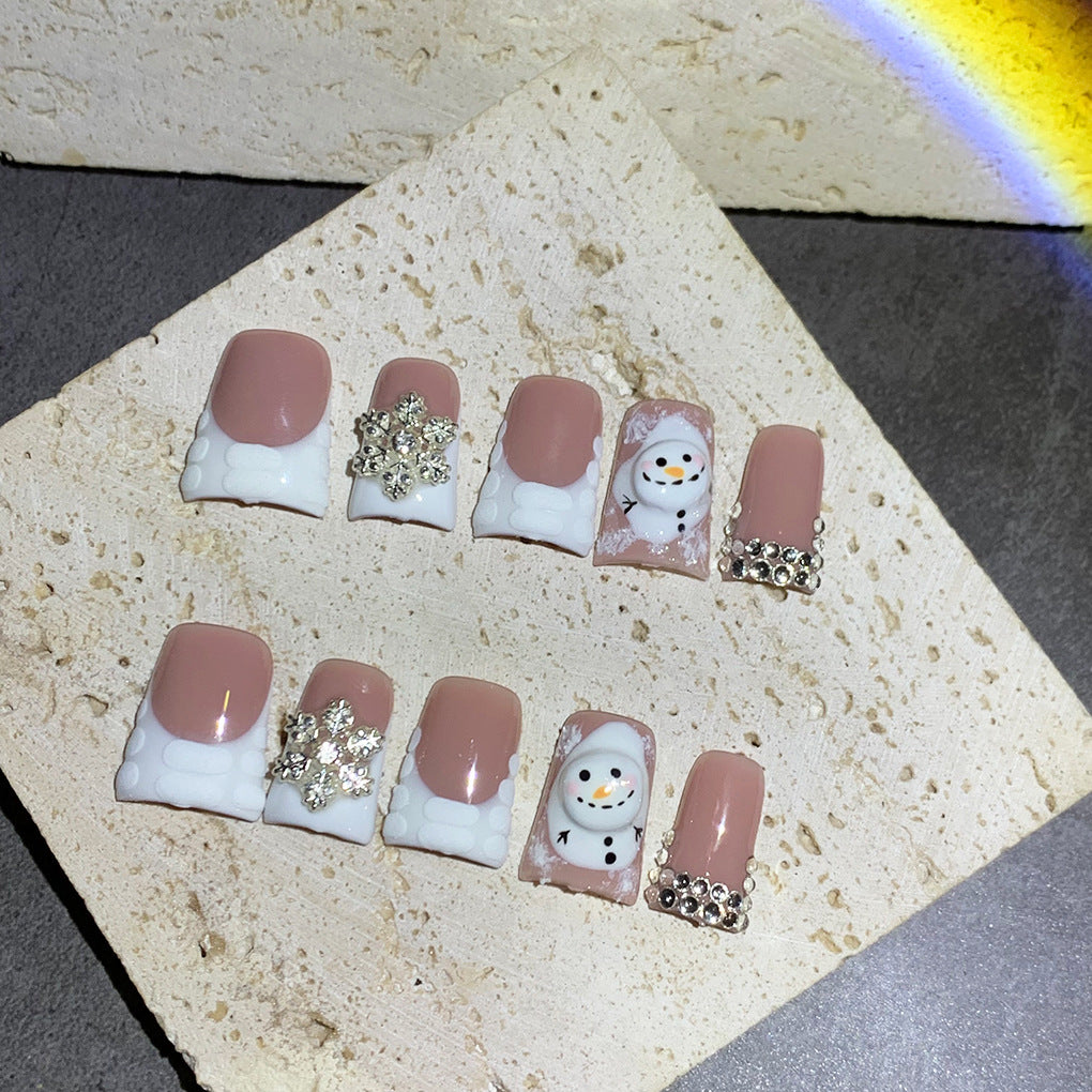 Nude Winter Nails with Snowman and Crystal Details