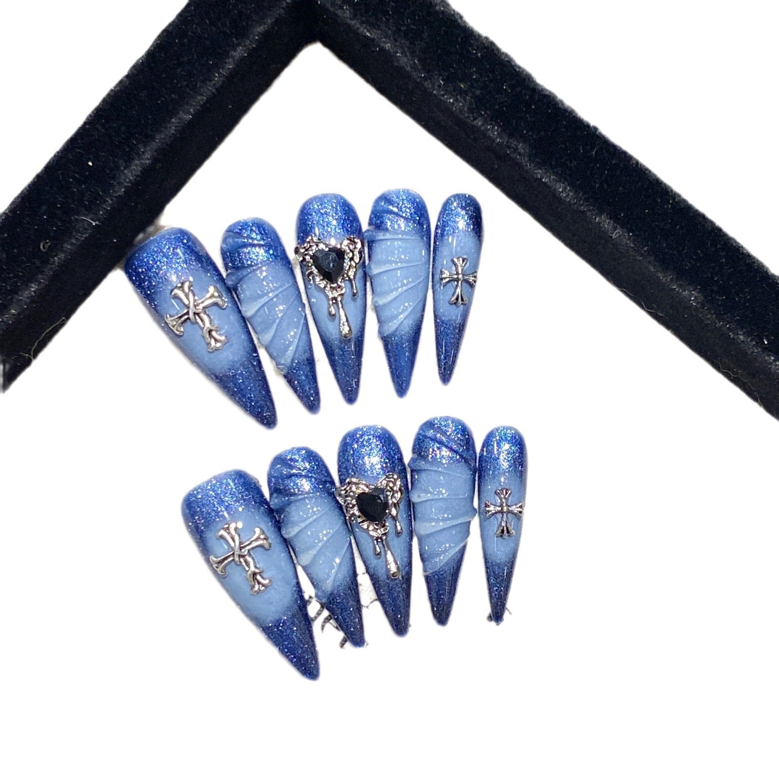 Temperamento branco azul oceano quente celebridade da internet unhas postiças artesanais desgaste Spice girl nail art unhas postiças adesivo nail art | 365nails