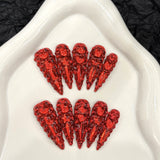 Serie Diamante Explosivo, Diamante Completo, Rojo Explosivo, Destello Blanco, Punta Viento, Uñas para Usar Hechas a Mano | 365nails