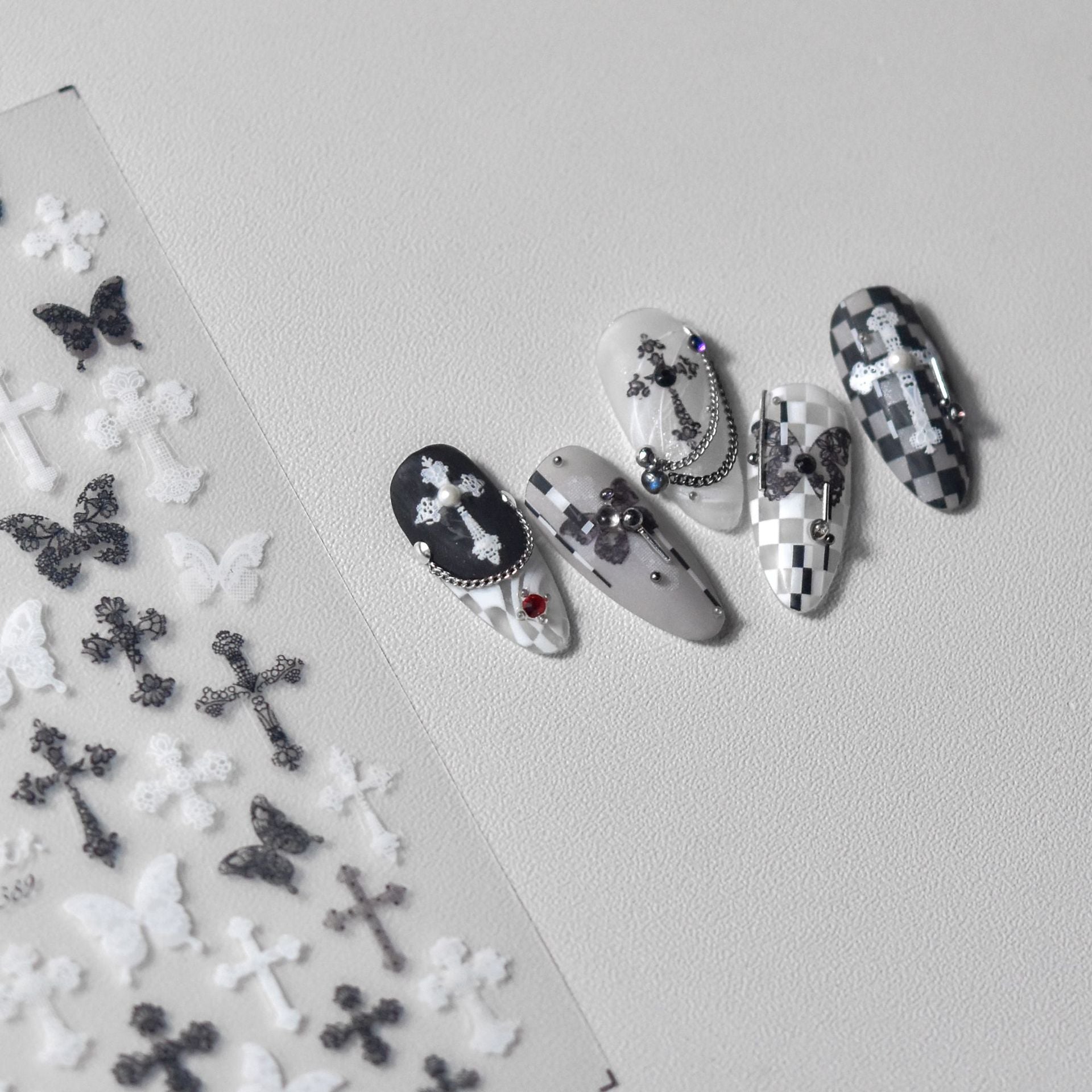 Gothic Cross Butterfly Collection: "Monochrome Gothic" – 3D Embossed Nail Sticker