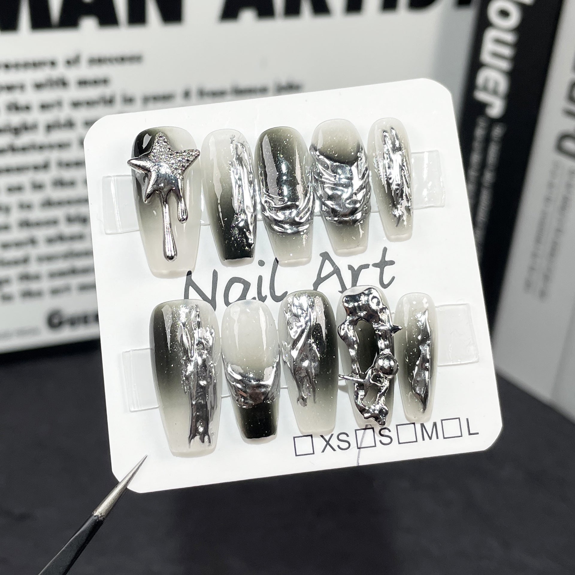 Pistola de pulverização para unhas postiças artesanal, irregular, mudança gradual, metal, cor contrastante, médio e longo, adesivo para unhas vestível｜365nails