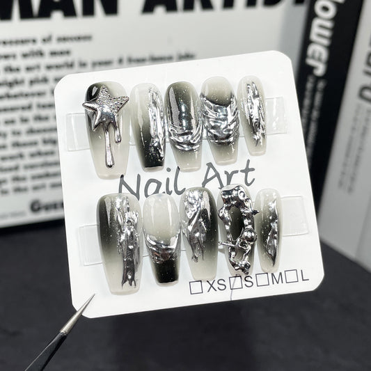 Handmade press-on nails spray gun irregular gradual change metal contrasting color medium and long nail patch wearable nail sticker｜365nails