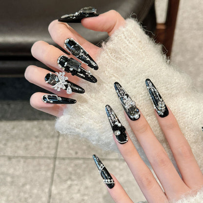 Dark Heavy Industry Luxury Sparse Star Late Moon Advanced Explosive Zircon Full of Diamonds Exquisite Autumn and Winter Long Wear nails | 365nails