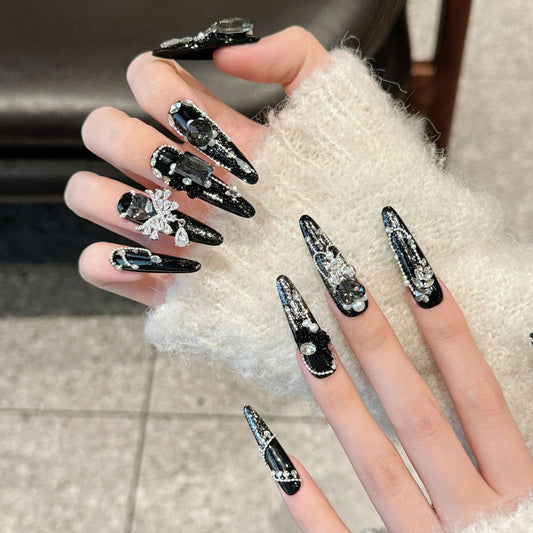 Dark Heavy Industry Luxury Sparse Star Late Moon Advanced Explosive Zircon Full of Diamonds Exquisite Autumn and Winter Long Wear nails | 365nails