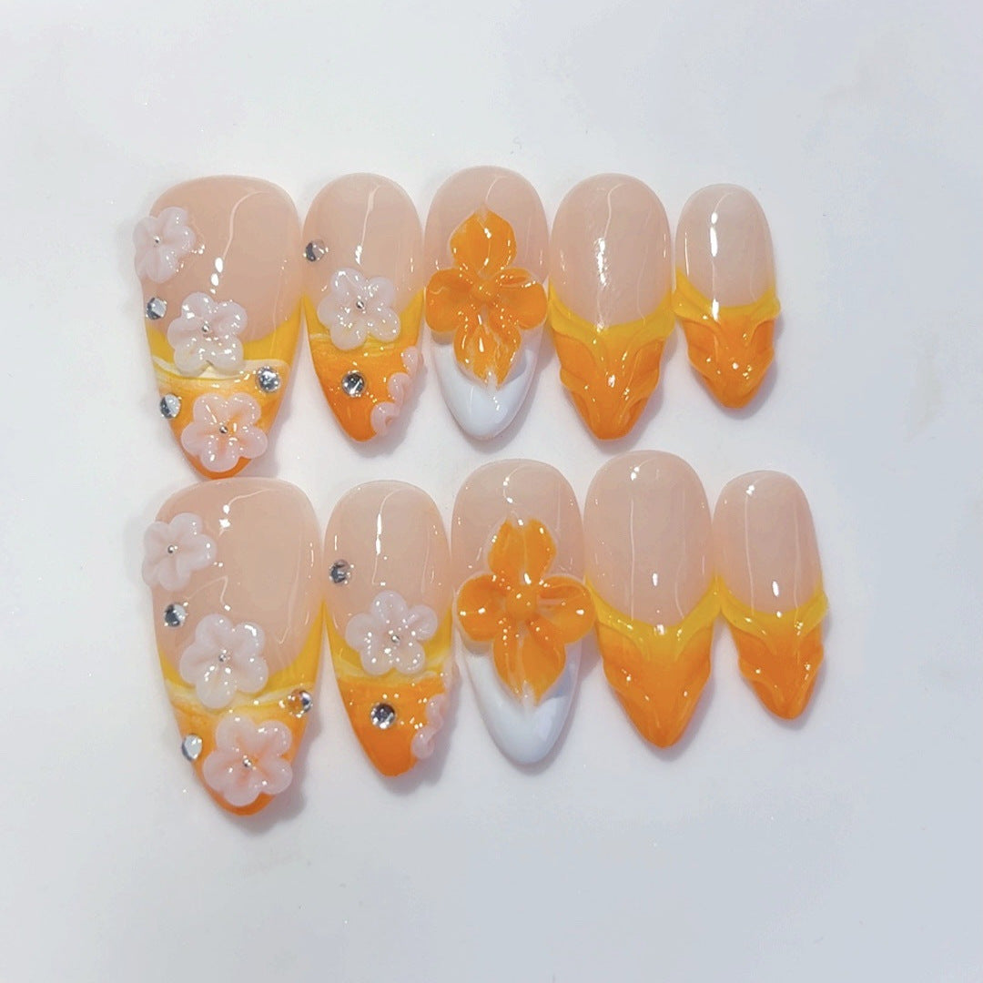 Autumn Bloom: "Orange Floral Glow" – Almond Shape Handmade Press-Ons