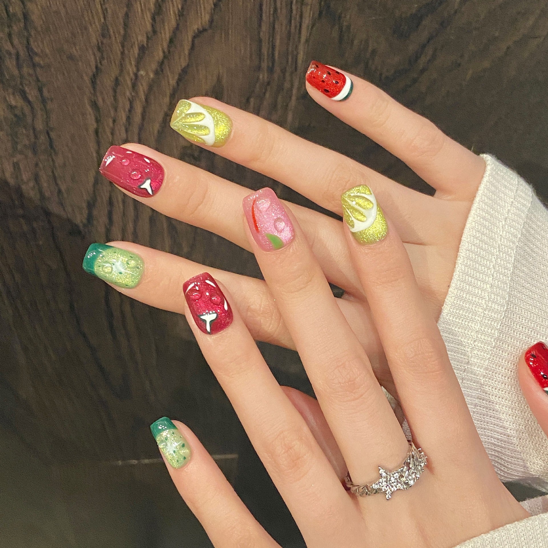 Summer Fruit Party Nails with Cat Eye and Carved Details