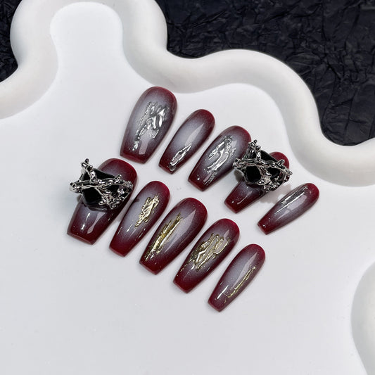Unhas postiças artesanais outono e inverno, nova pistola de pulverização, blush, médio e longo, arte de unha, pó mágico de espelho, sensação de metal, adesivo de unha usável｜365nails