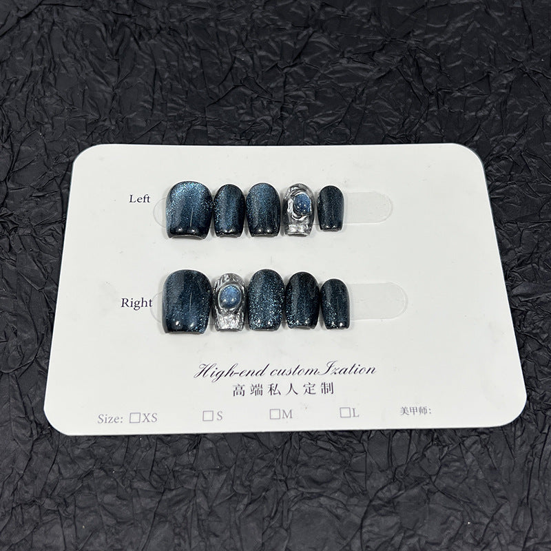 Galaxy Press-On Nails with Silver Accents and Blue Shimmer