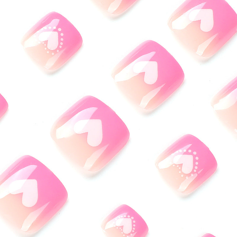 美甲 粉色漸變白色愛心 短款成品甲片｜365nails