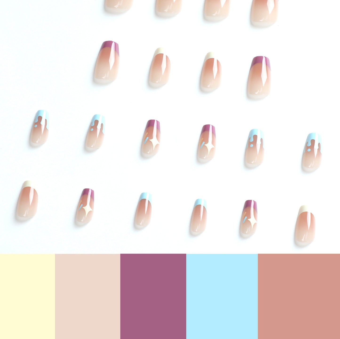 Wearing armor, cute blue flowing heart, yellow and purple double spell, French white, star ins wind wearing armor, wholesale.｜365nails