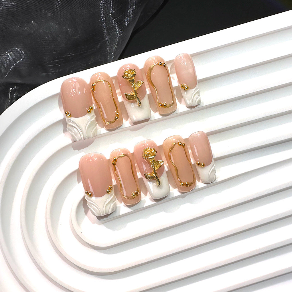 White French Gold Rose Elegant Press On Nails
