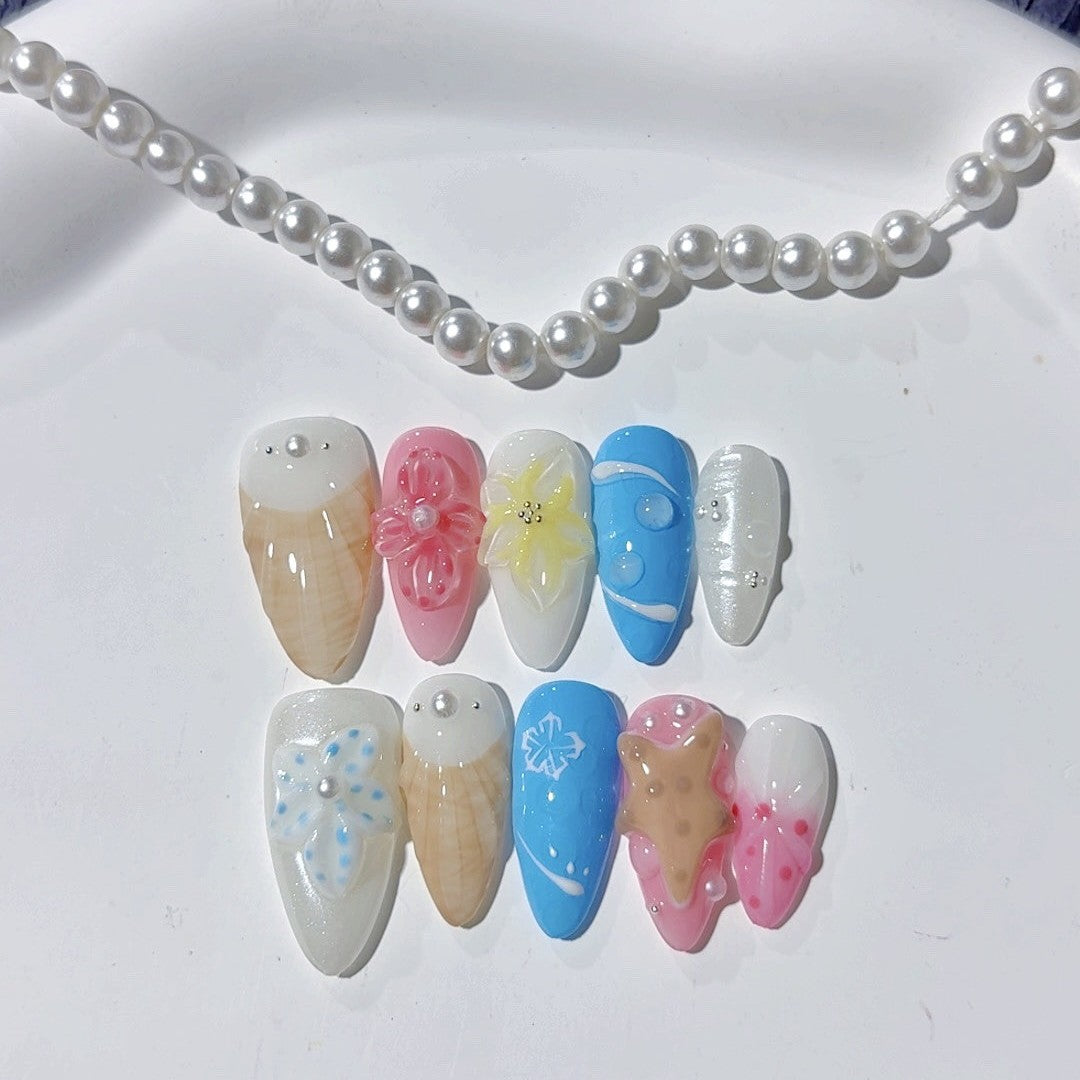 365nails-Ocean Breeze: "Seashell & Floral" – Medium Almond Handmade Nails