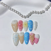 365nails-Ocean Breeze: "Seashell & Floral" – Medium Almond Handmade Nails