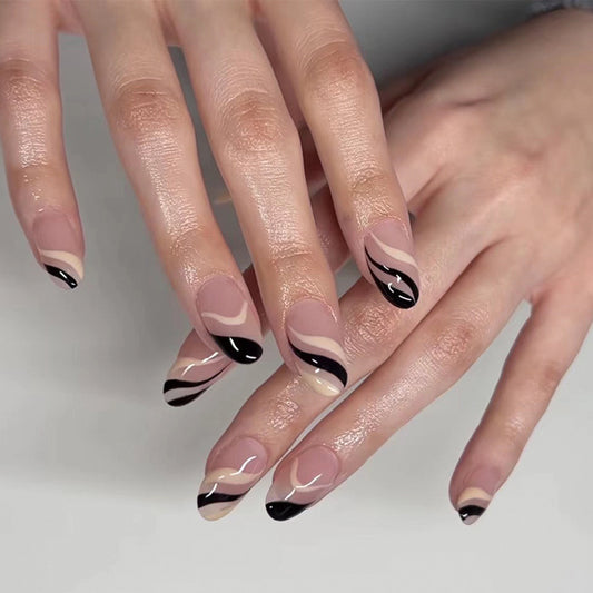 Press on armor, French simple black and white wavy lines Press on armor, short nails art Press on nails press on nails｜365nails