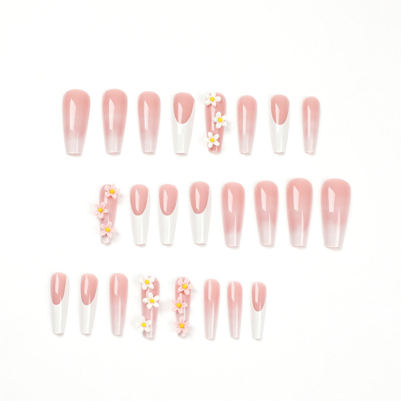 Peça de arte para unhas, unha de desgaste, borrão francês branco, unha de desgaste, remendo de flor tridimensional, unha postiça finalizada｜365nails
