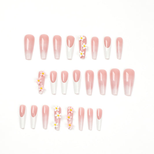 Peça de arte para unhas, unha de desgaste, borrão francês branco, unha de desgaste, remendo de flor tridimensional, unha postiça finalizada｜365nails