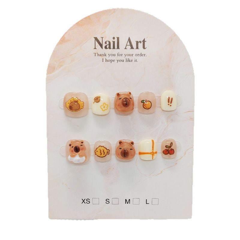 365nails: "caramel bakery bear" – unhas postiças redondas curtas artesanais para crianças