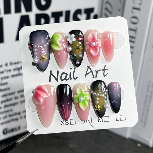 Handemade press on nails 3D Three-dimensional Carving Ice Transparent Blush Nail Sweet Cool Spice Girl   Almond Nail｜365nails