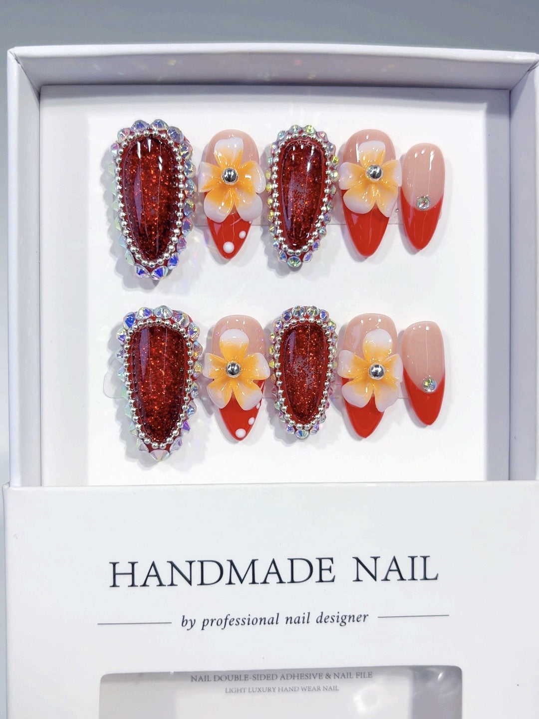 Tropical Bloom: "Plumeria Ruby" – Almond Shape Handmade Press-On Nails