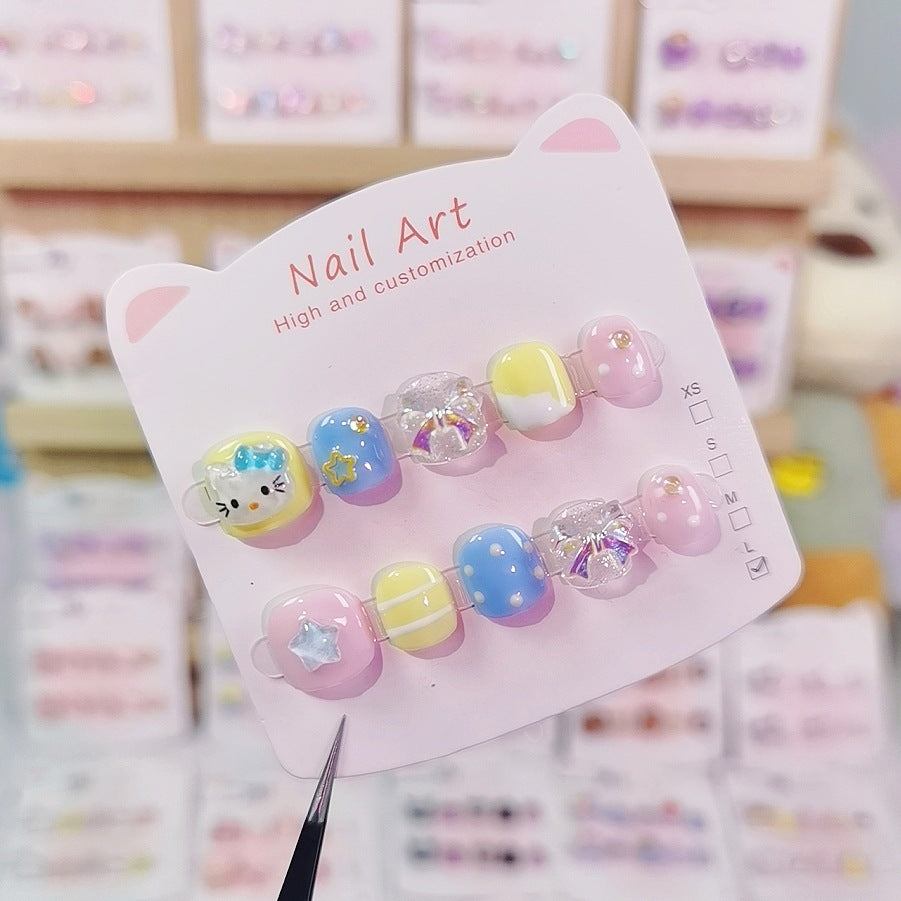 Cute Pastel Cartoon Kids Press On Nails with Crystal Accents