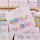 Cute Pastel Cartoon Kids Press On Nails with Crystal Accents