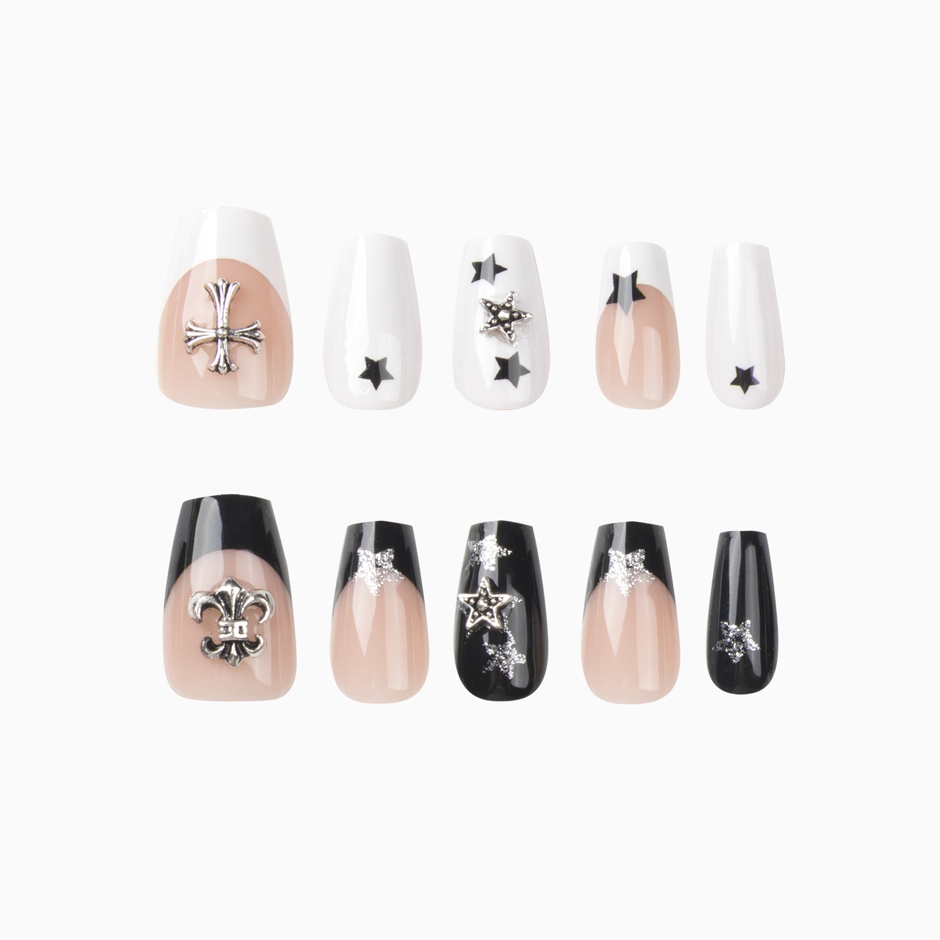 黑白鴛鴦穿戴甲貼 星形立體十字裝飾｜365nails